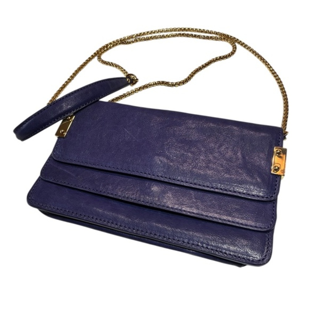 Stuart Weitzman Purple Leather Purse, Chain Wallet, Magnetic Button Closure, EUC